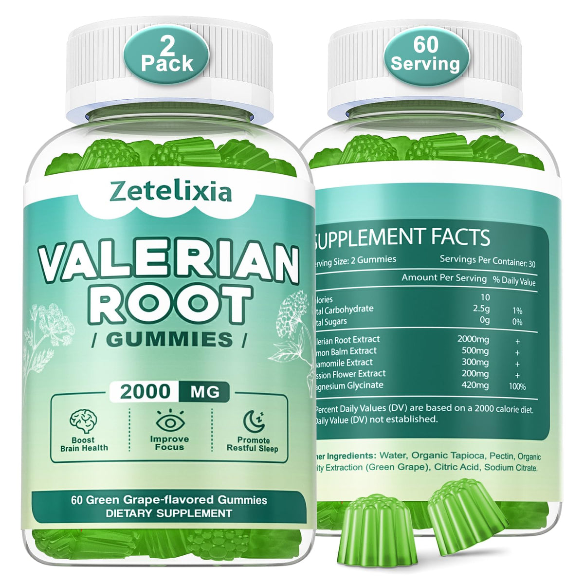 Zetelixia valerian root gummies bottle promoting calm and relaxation.