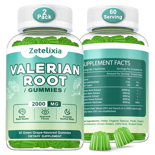 Zetelixia valerian root gummies bottle promoting calm and relaxation.