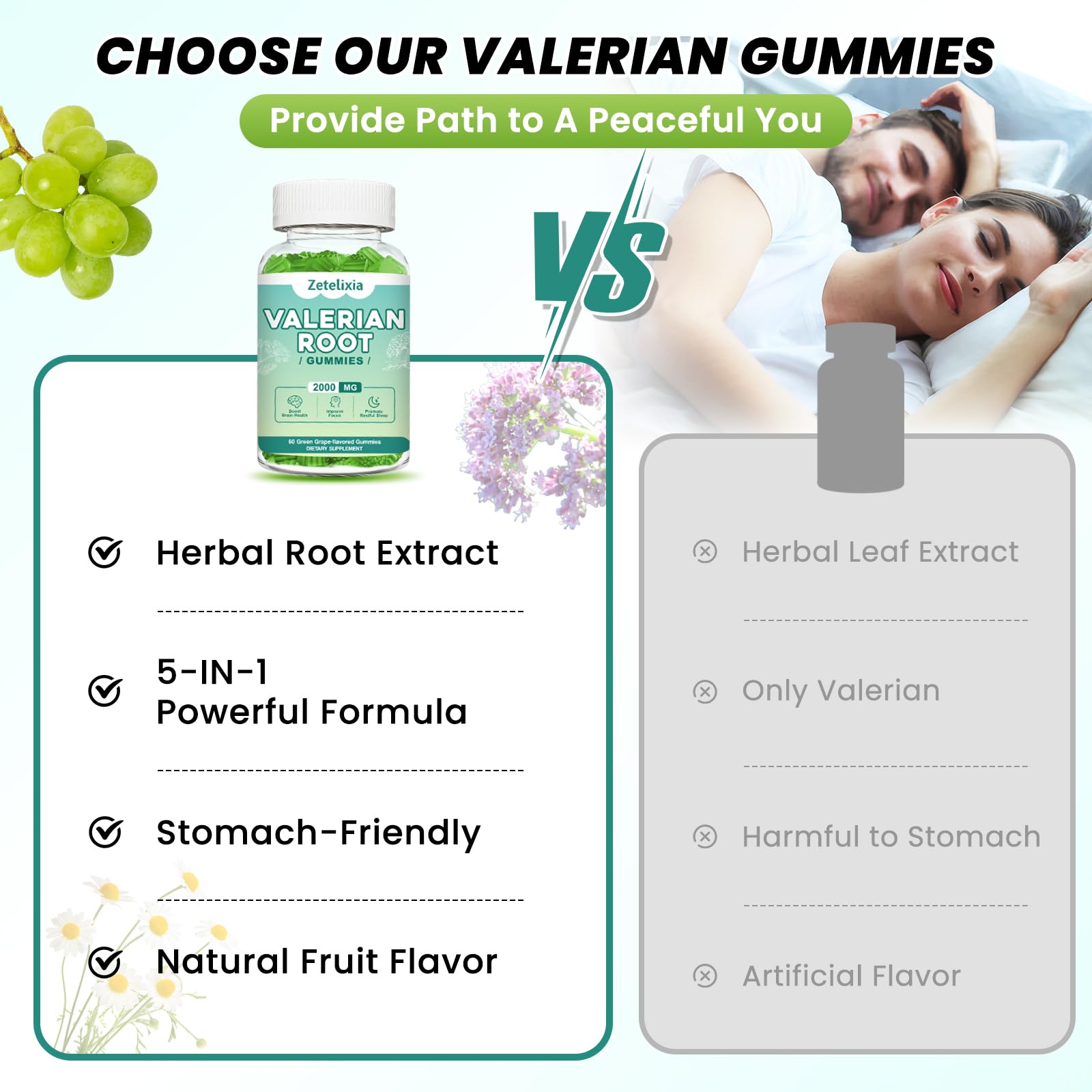 Zetelixia valerian root gummies ingredients label highlights 5-in-1 calm support.