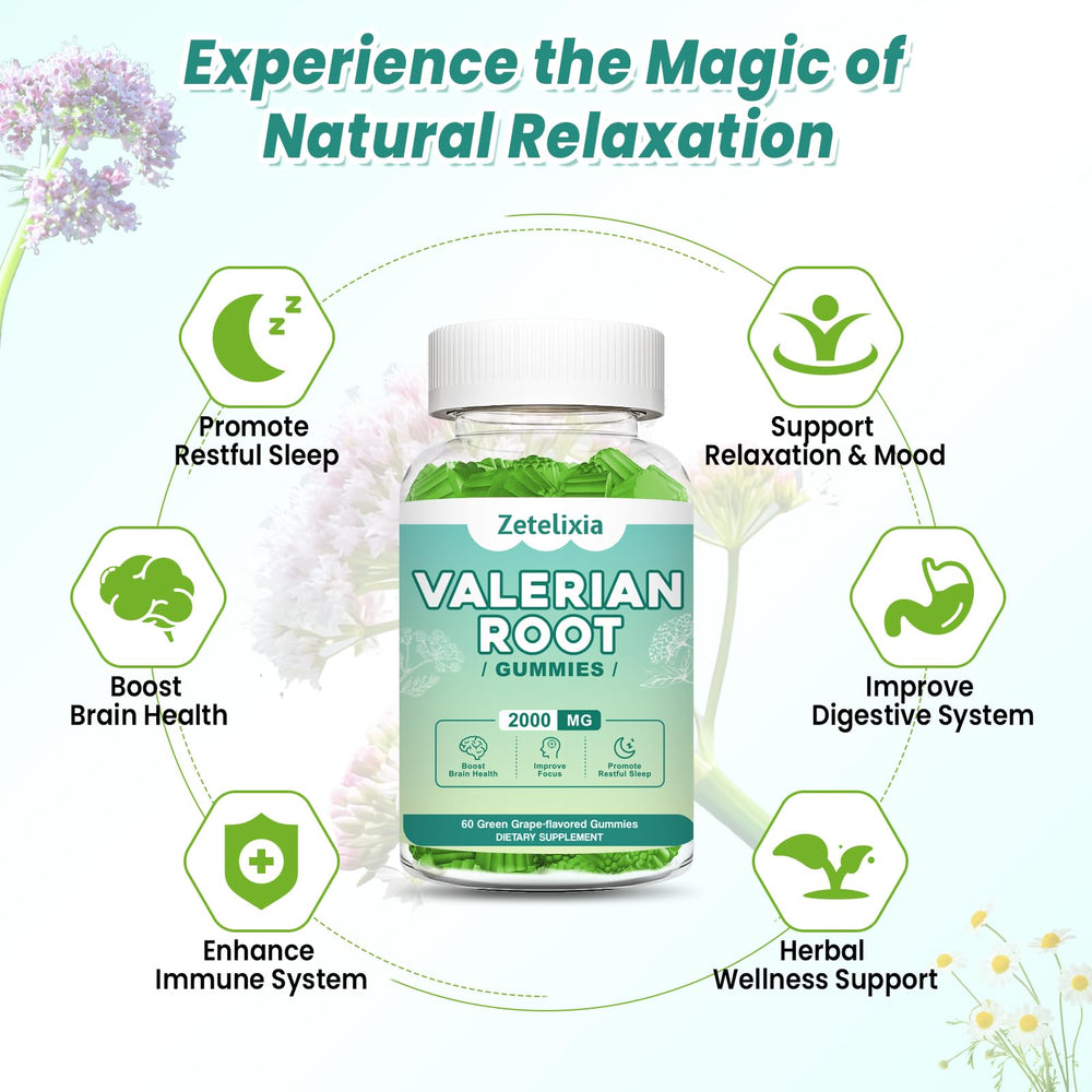 Zetelixia valerian root gummies pour showing easy daily use for mood support.