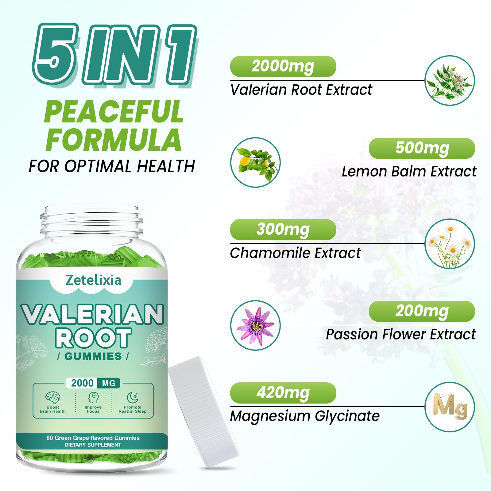Zetelixia valerian root gummies packaging view indicates vegan, organic, gluten-free formula.