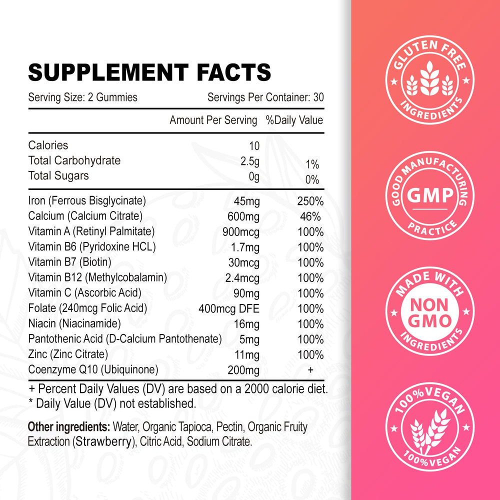 Zetelixia vegan iron gummies bottle back highlighting ingredients and use cases