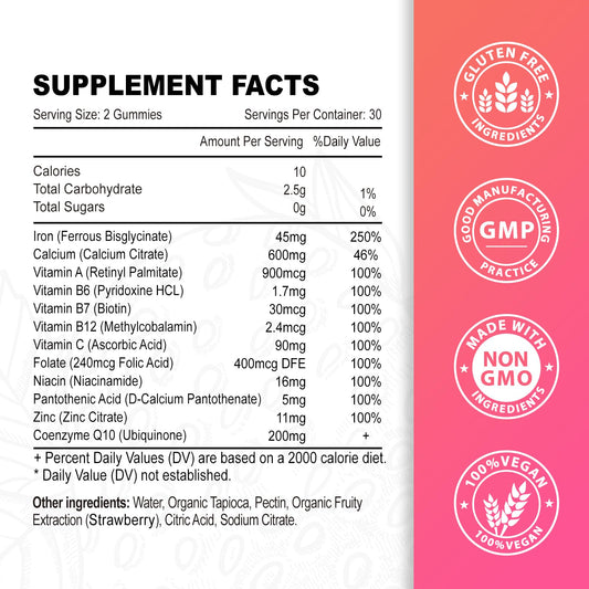 Zetelixia vegan iron gummies bottle back highlighting ingredients and use cases