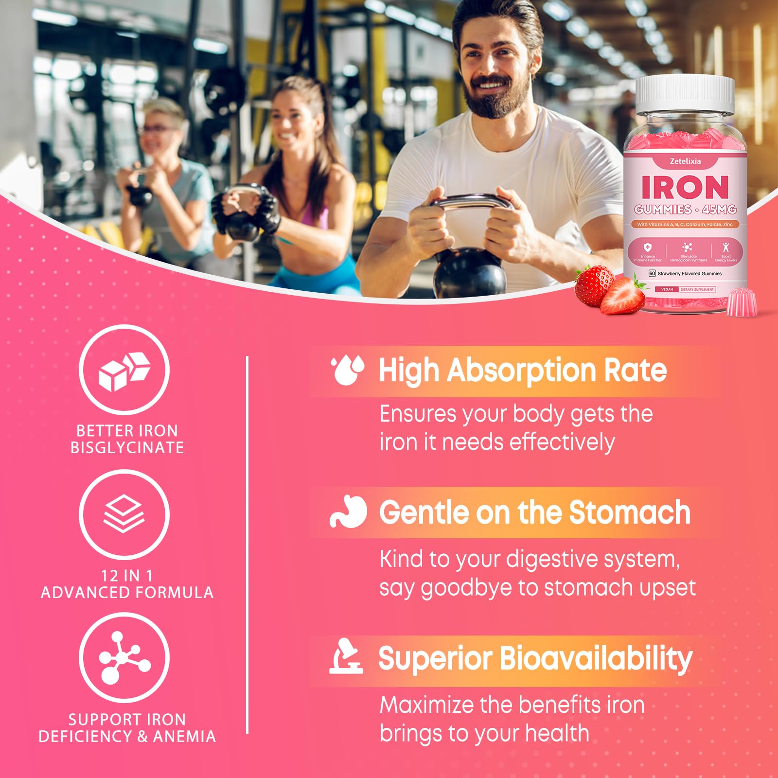 Zetelixia vegan iron gummies pack 2 with daily use reminder