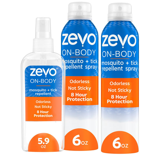 Zevo On-Body tick and mosquito spray aerosol bottle showing durable, long-lasting outdoor protection.