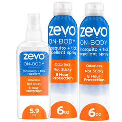 Zevo On-Body tick and mosquito spray aerosol bottle showing durable, long-lasting outdoor protection.