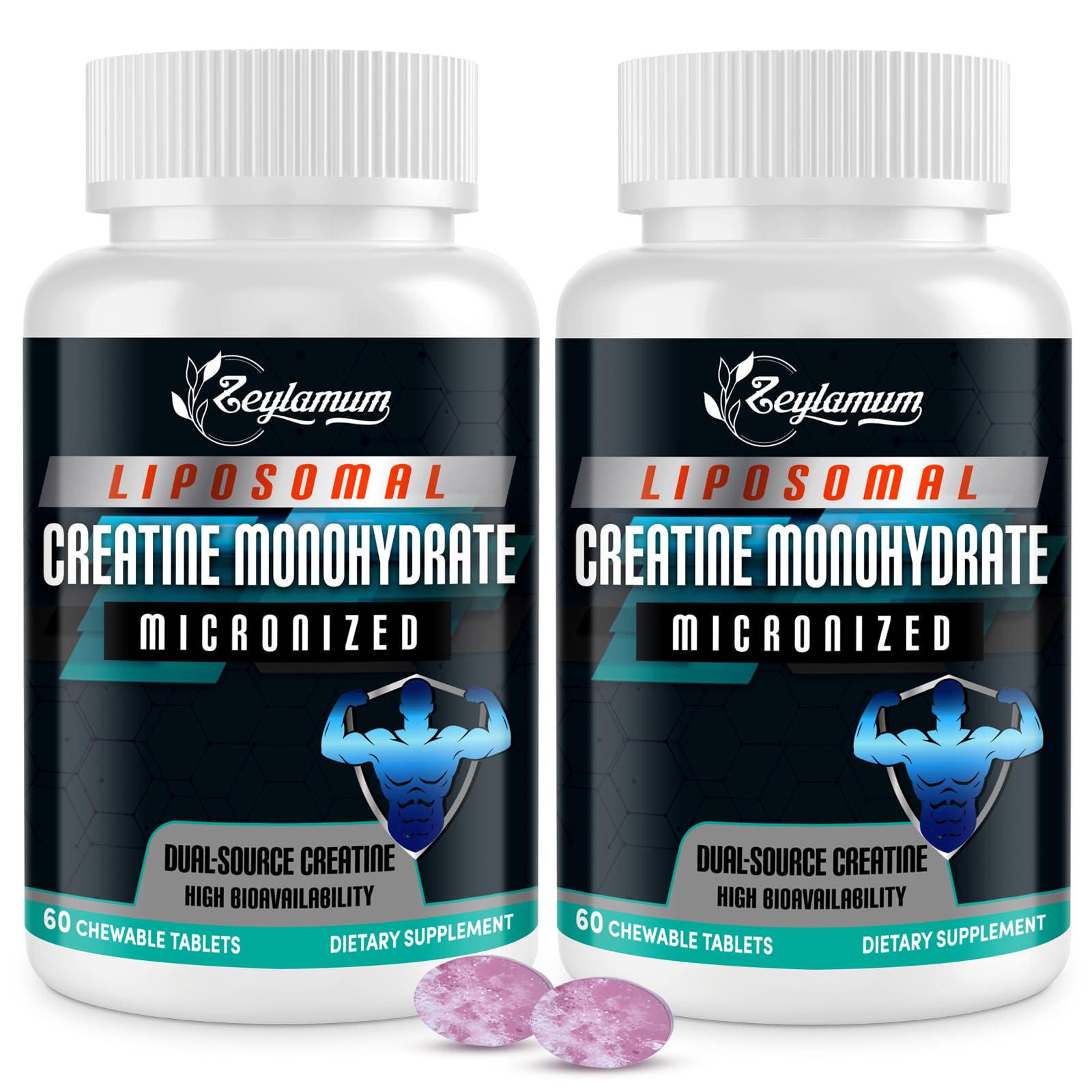Zeylamum creatine chewable tablets bottle, convenient on-the-go supplementation.