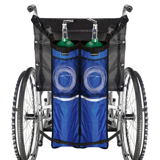 ZHEEYI dual oxygen tank holder on a wheelchair enables flexible sizing and easy access.