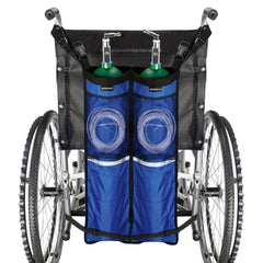ZHEEYI dual oxygen tank holder on a wheelchair enables flexible sizing and easy access.