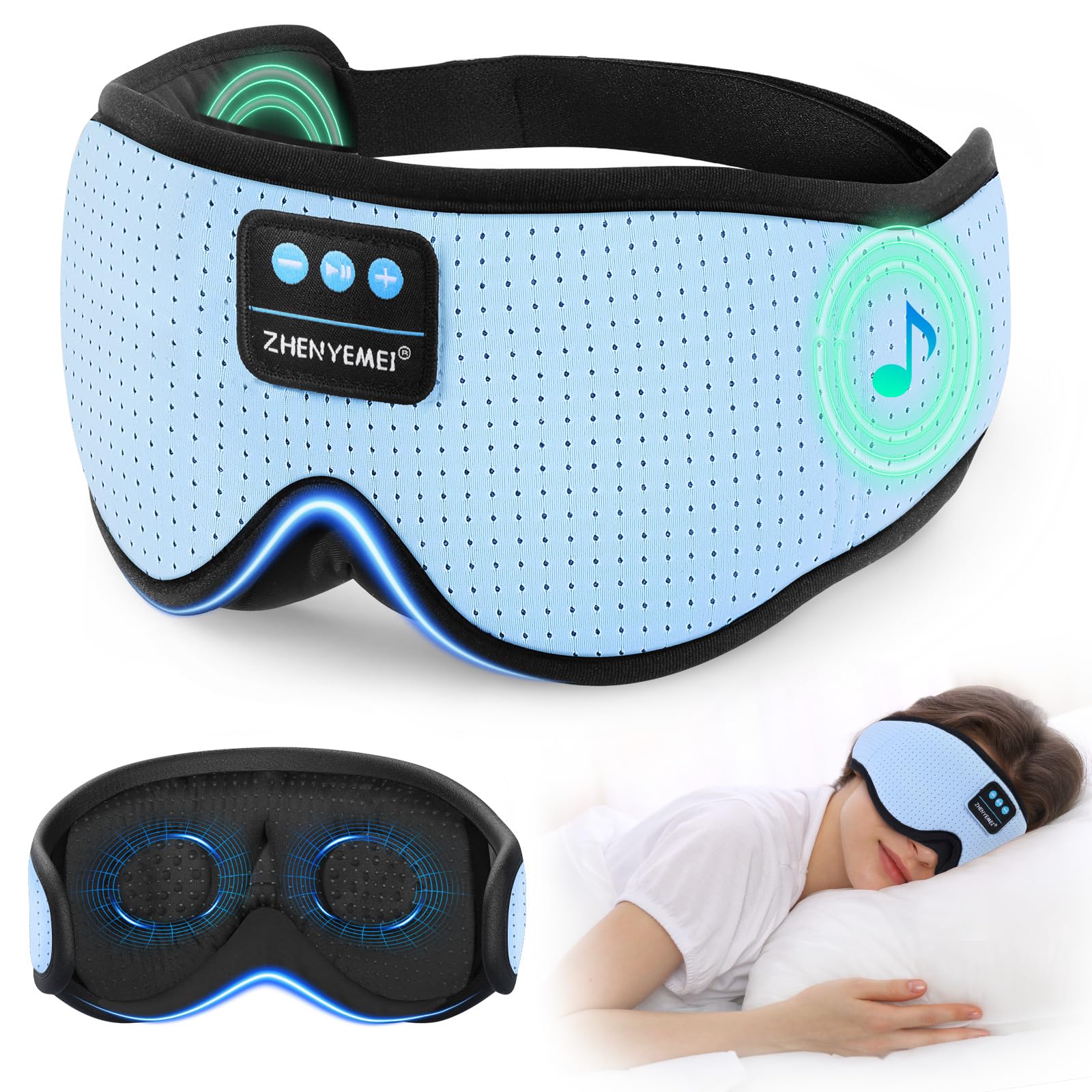 ZHENYEMEI 3D sleep mask with Bluetooth headphones for restful nights.