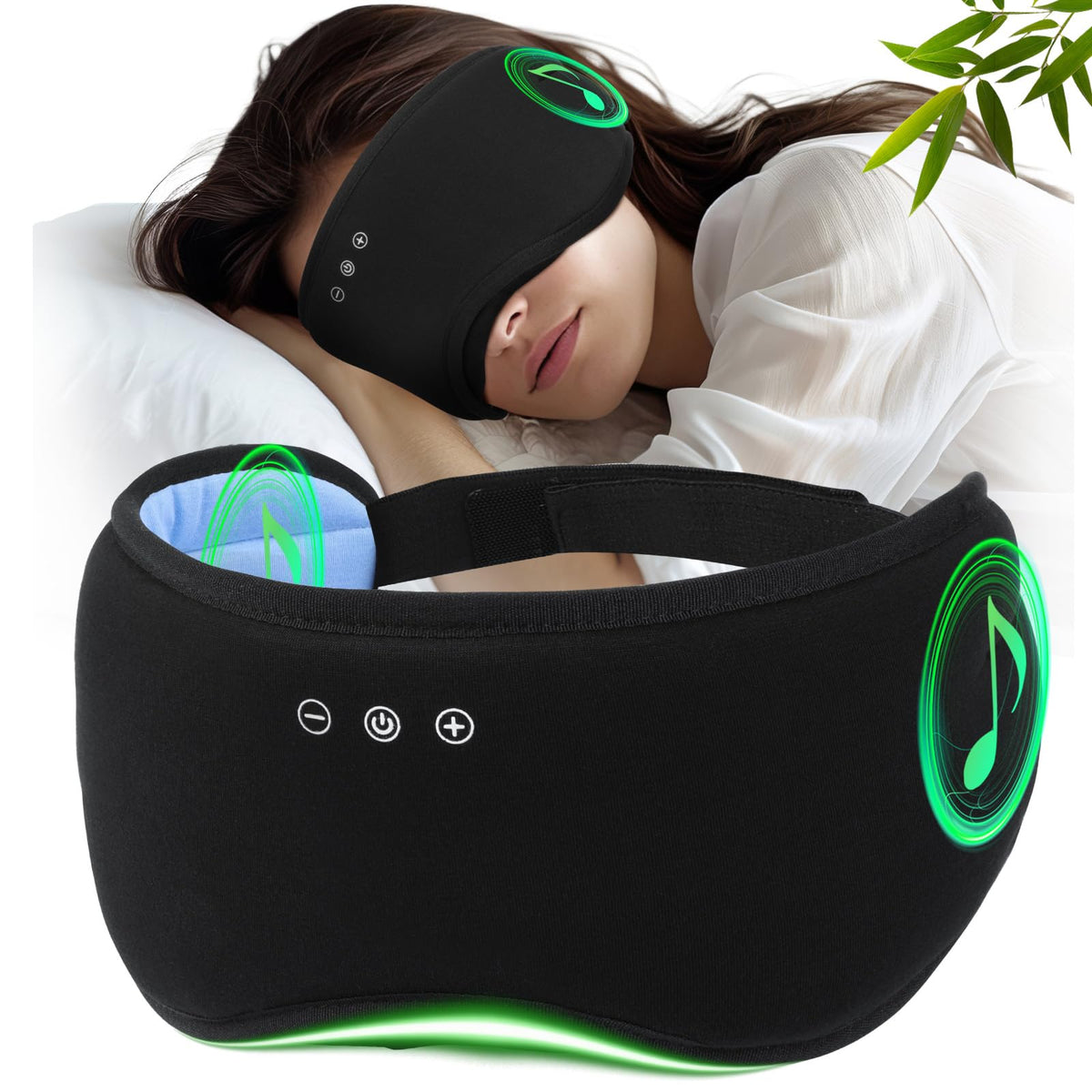 ZHENYEMEI sleep headphones mask on bed delivering full darkness and stereo sound