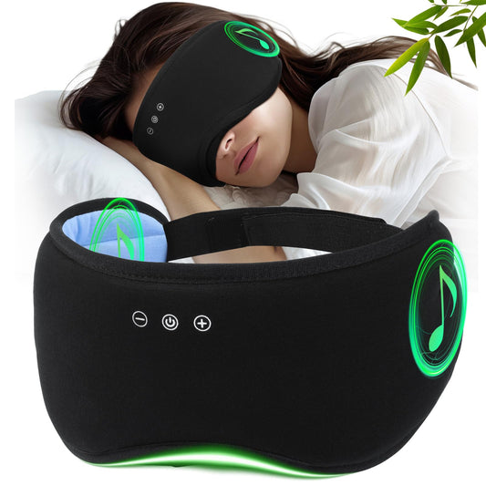 ZHENYEMEI sleep headphones mask on bed delivering full darkness and stereo sound