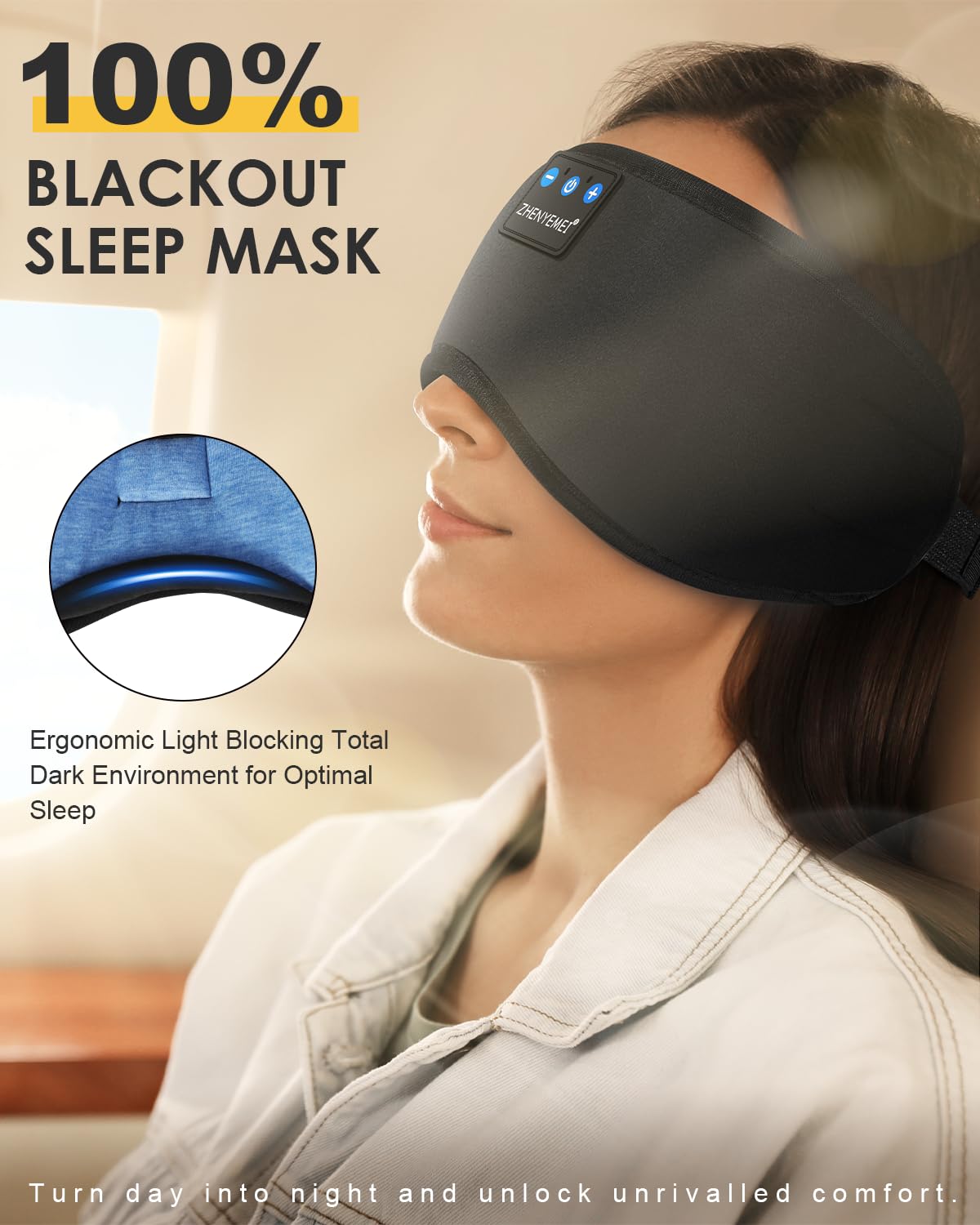 ZHENYEMEI Sleep Headphones ideal for side sleepers, with slim speakers and comfortable fit.