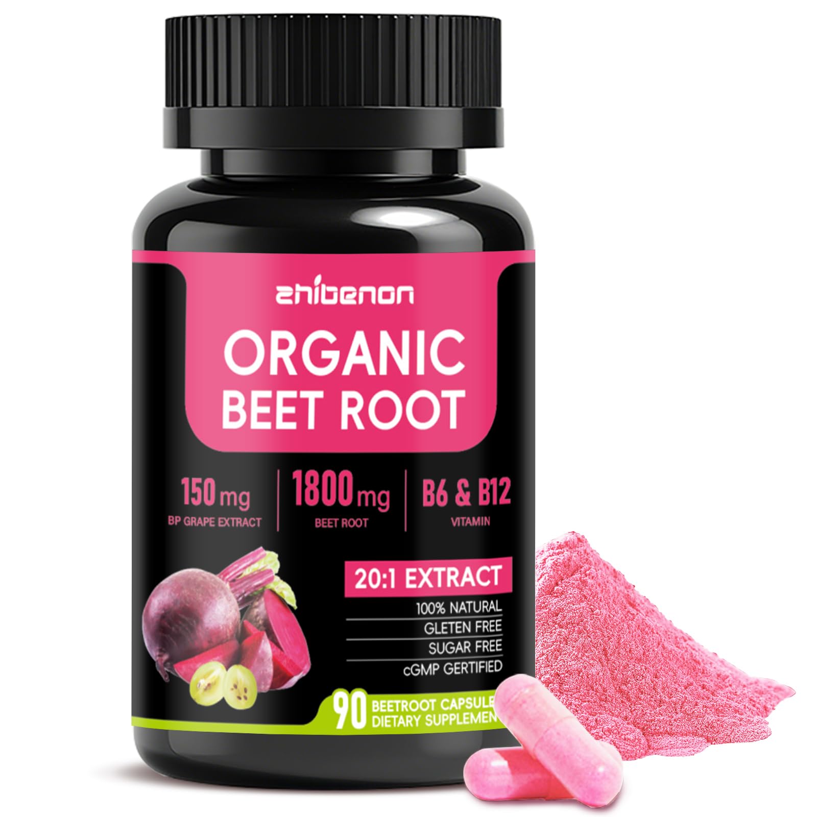 Zhibenon beet root capsules bottle promotes convenient daily intake for steady energy.
