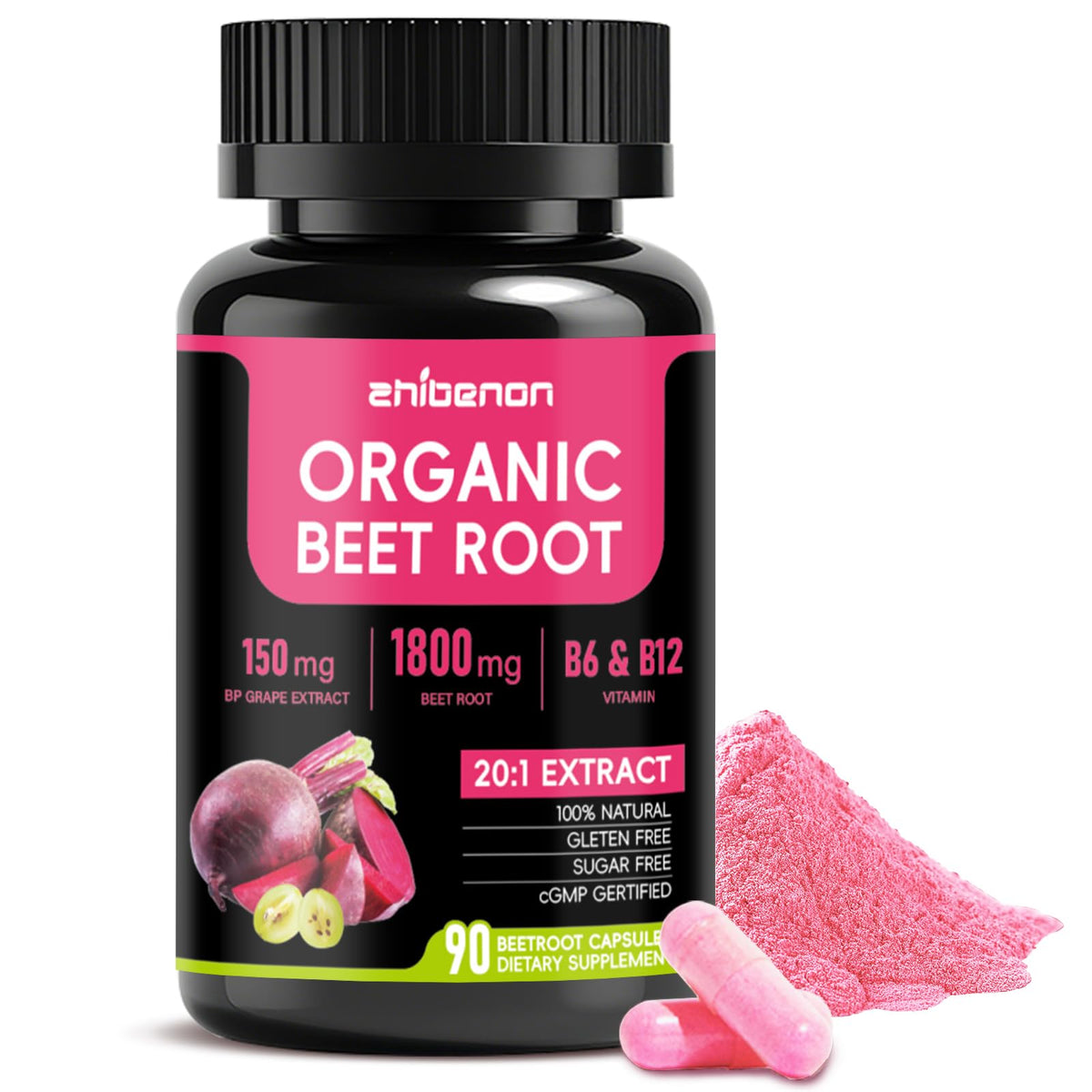 Zhibenon beet root capsules bottle promotes convenient daily intake for steady energy.