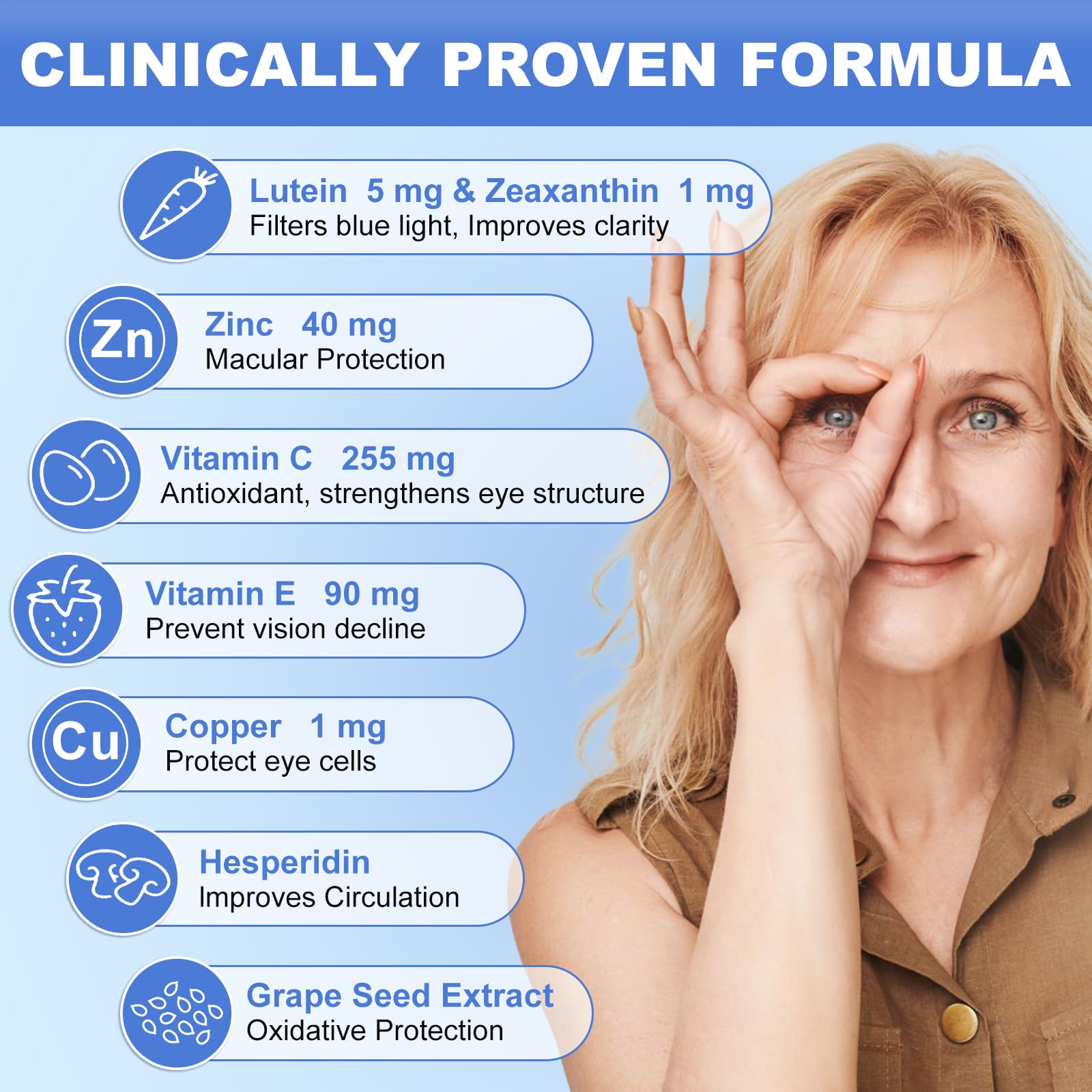 Zhizaiql Eye Vitamin ingredients panel lists lutein, zeaxanthin, and key antioxidants.