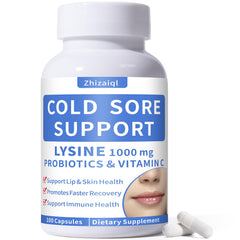 Zhizaiql Lysine Cold Sore bottle close-up with capsules for daily immune support.