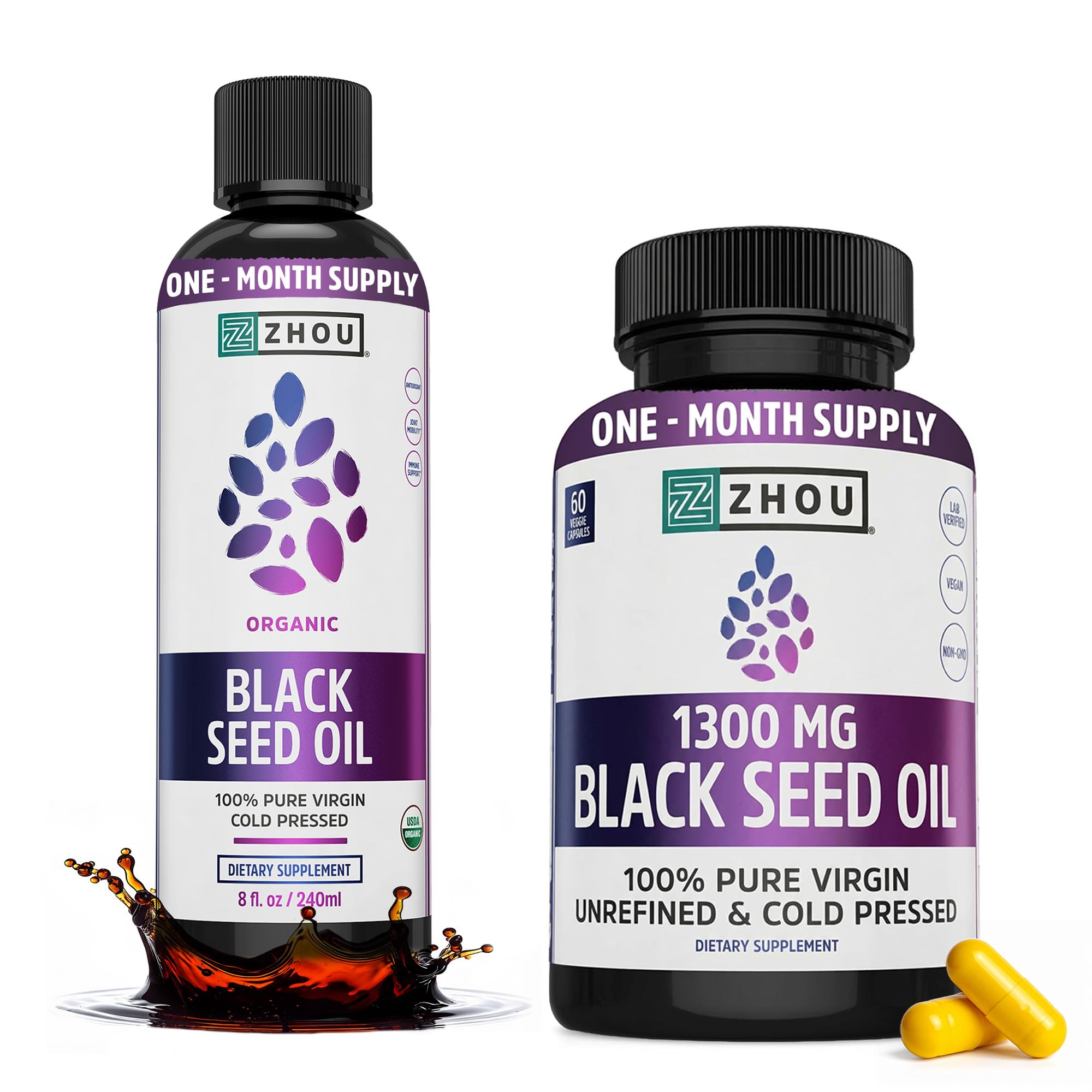 ZHOU Black Seed Oil bottle pouring, suggesting smooth usage for hair and skin support