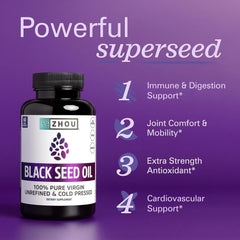ZHOU Black Seed Oil bottle beside hair, implying shine and healthy appearance