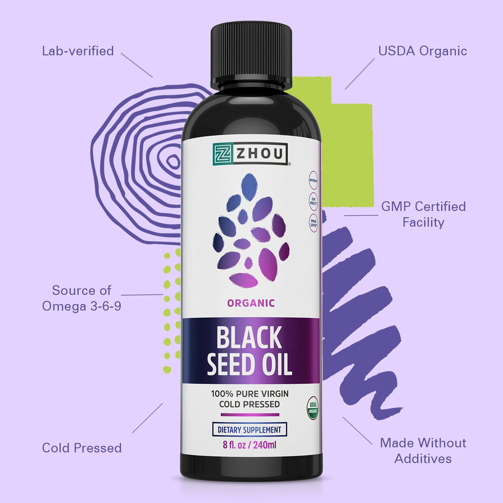 ZHOU Black Seed Oil bottle beside skin, implying glow and hydration
