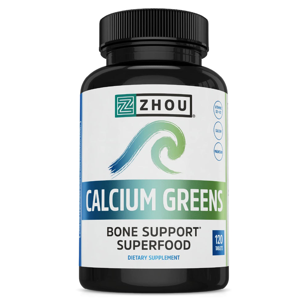 Zhou Calcium Greens bottle pour illustrating easy daily calcium intake.