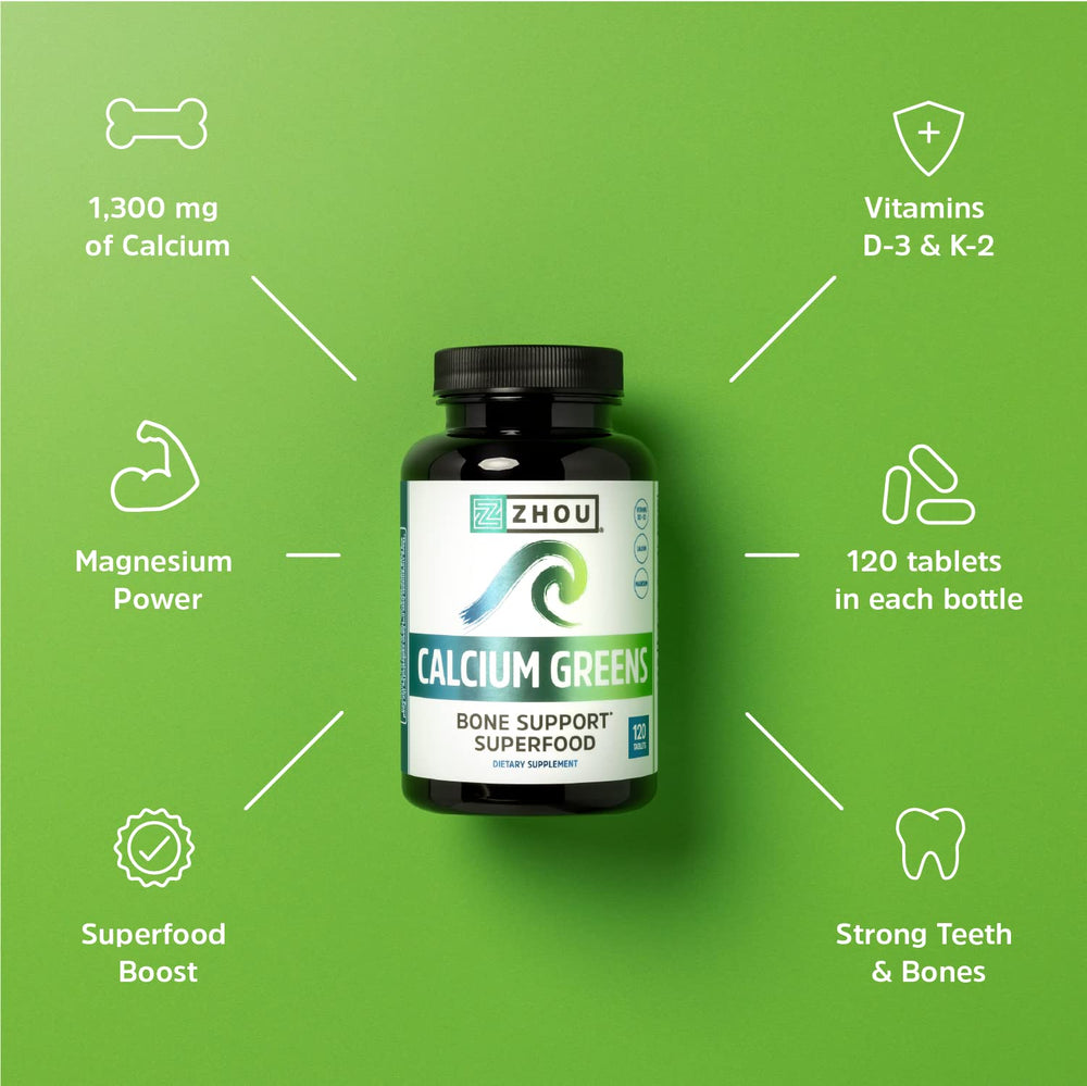 Greens blend imagery for Zhou Calcium Greens with spirulina and barley grass.