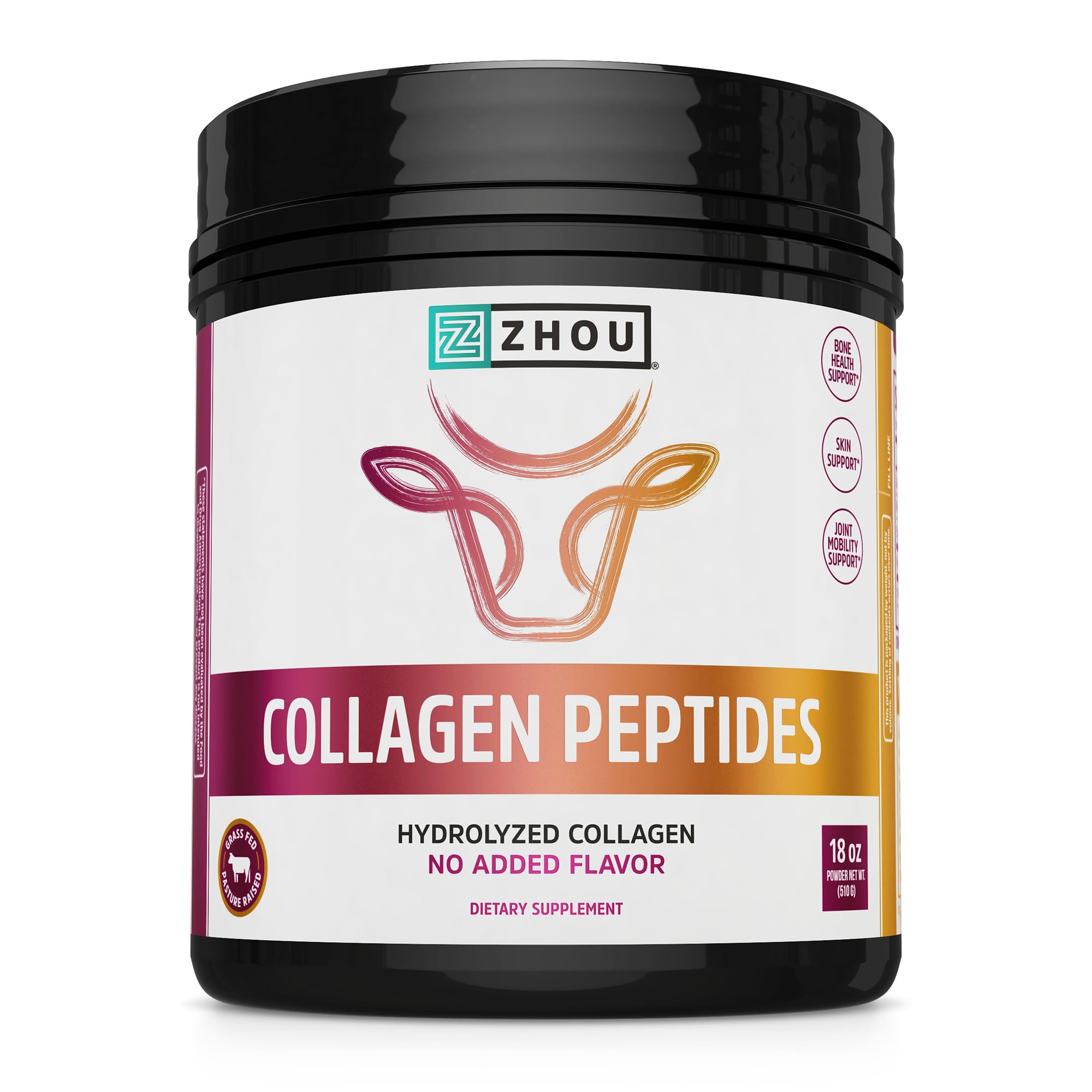 Zhou Collagen Peptides bottle pouring into a glass for skin and joint support