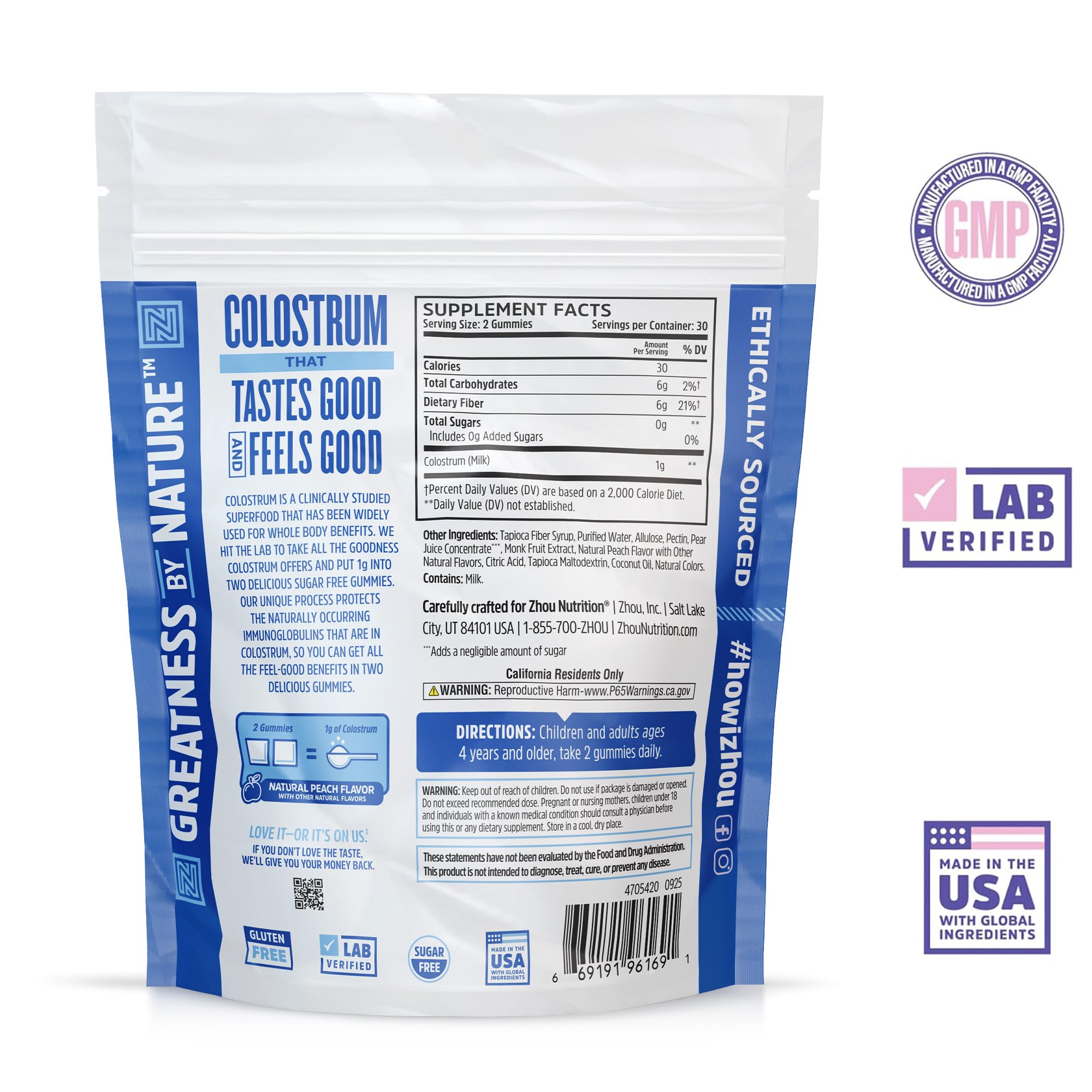 ZHOU Colostrum Gummies bottle back shows 250 mg immunoglobulins per serving.