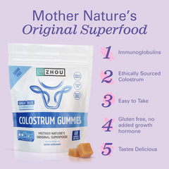 ZHOU Colostrum Gummies closeup of raspberry flavor and chewy texture.