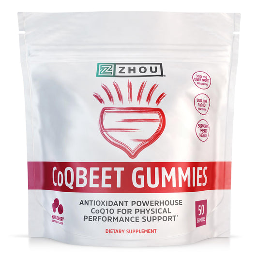 ZHOU CoQBeet gummies in a bottle with natural huckleberry flavor for convenient daily energy support.