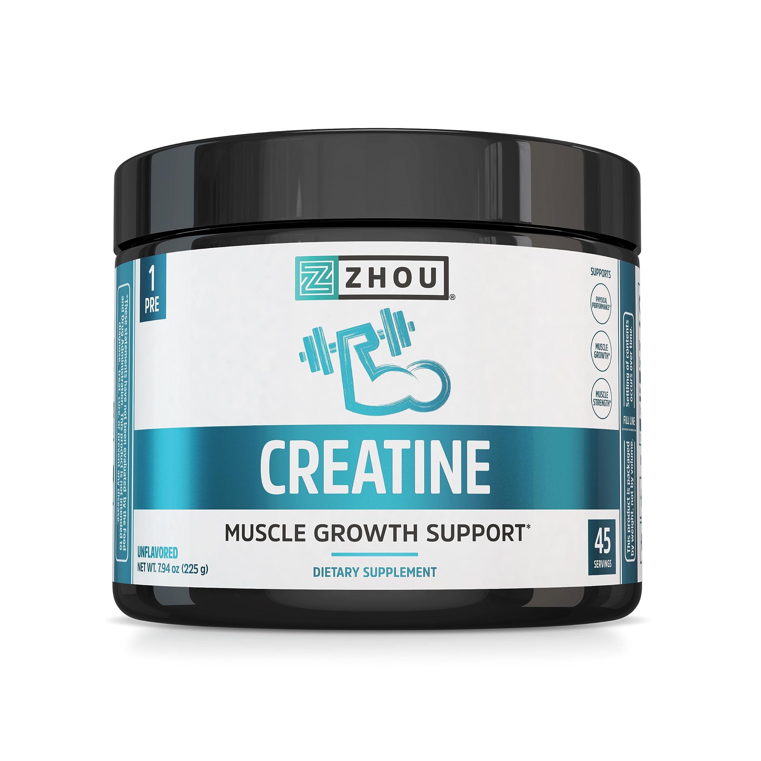 Zhou Creatine powder bottle shows pure, unflavored formula for daily strength support during workouts.