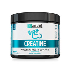 Zhou Creatine powder bottle shows pure, unflavored formula for daily strength support during workouts.