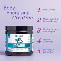 Zhou Creatine powder jar front highlights vegan, gluten-free, non-GMO formulation.