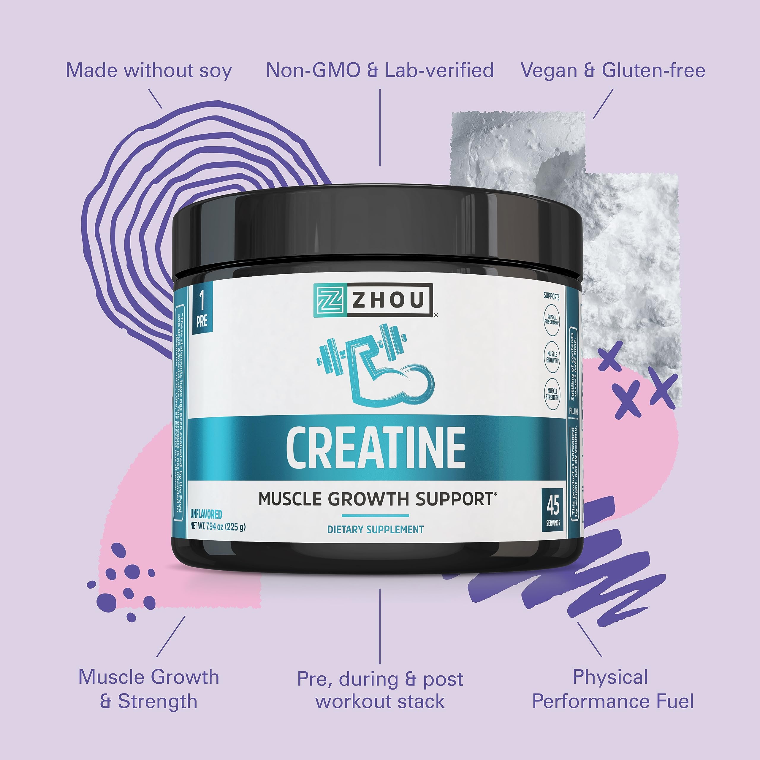 Zhou Creatine powder mixes easily with water or juice for on-the-go fueling.