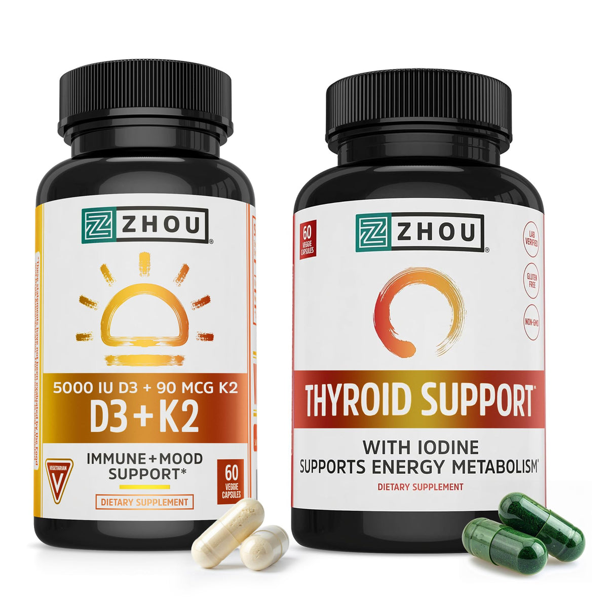 ZHOU D3 + K2 bottle front with 60 capsules for immune and bone support.