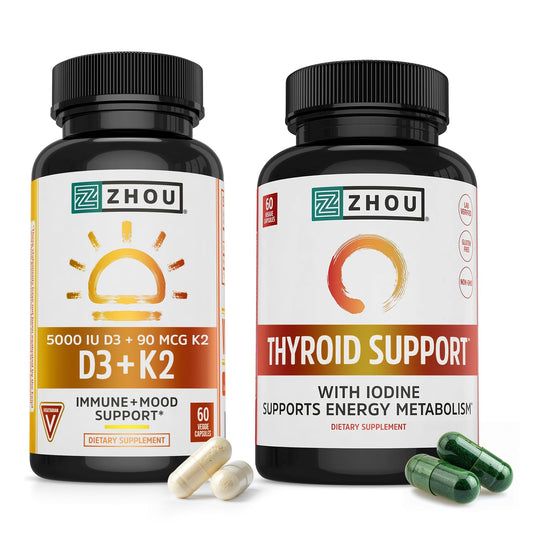 ZHOU D3 + K2 bottle front with 60 capsules for immune and bone support.