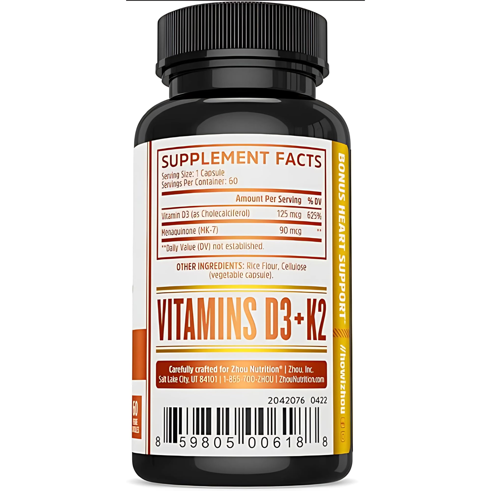 Close-up of ZHOU packaging highlighting vitamin D, K2, and minerals.