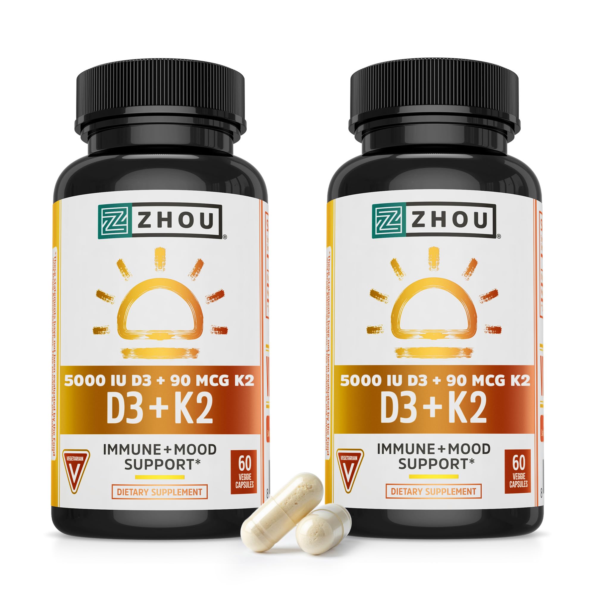 ZHOU D3+K2 bottle front with vegan capsules for bone and immune support