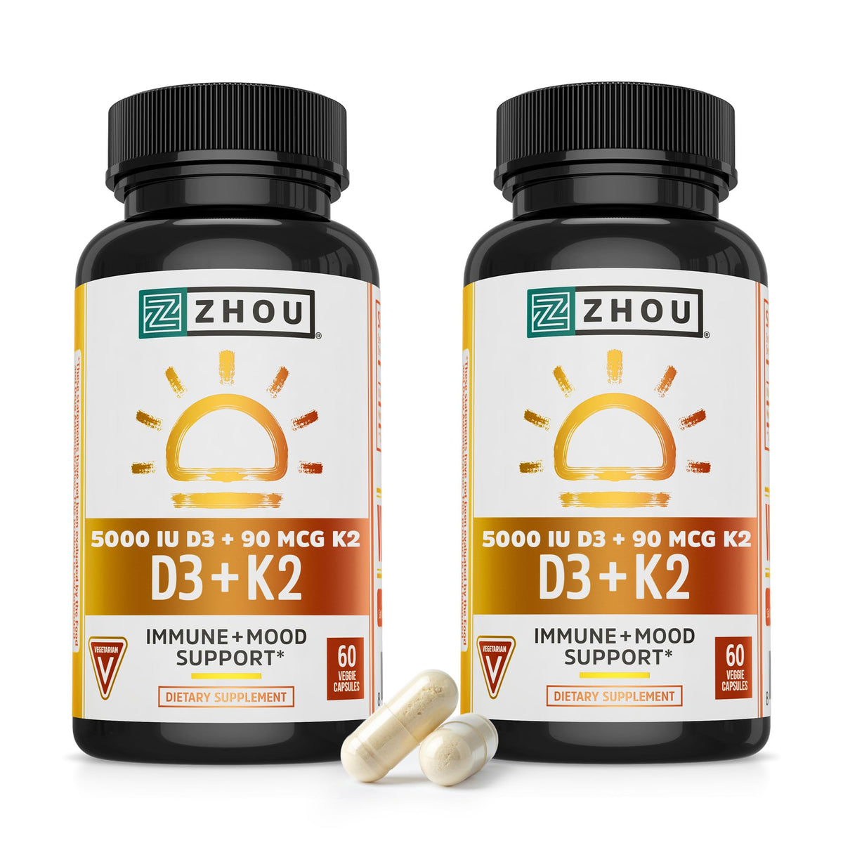 ZHOU D3+K2 bottle front with vegan capsules for bone and immune support