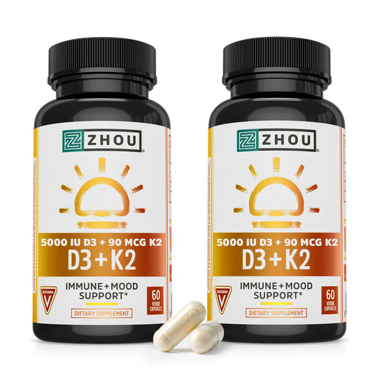 ZHOU D3+K2 bottle front with vegan capsules for bone and immune support
