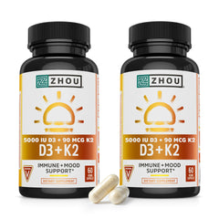 ZHOU D3+K2 bottle front with vegan capsules for bone and immune support
