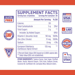 ZHOU Elder-Mune gummies ingredient panel shows vitamin C and zinc for overall wellness.