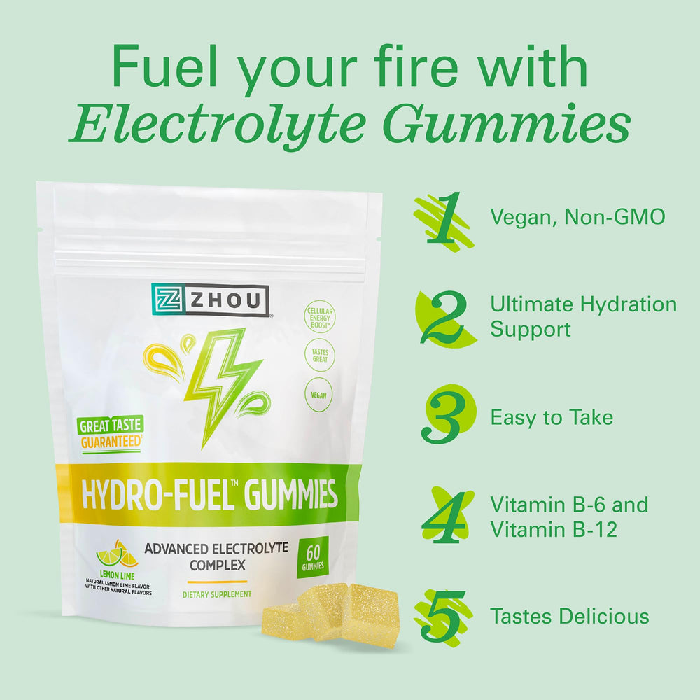 Zhou Hydro-Fuel Gummies close-up shows lemon-lime flavor and chewy texture
