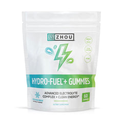 Zhou Hydro-Fuel+ Gummies bottle on-the-go hydration support.
