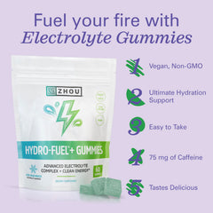 Close-up of Zhou Hydro-Fuel+ Gummies highlighting caffeine for energy.