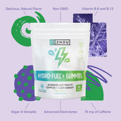 Zhou Hydro-Fuel+ Gummies packaging and flavor details for quick pick-me-up.