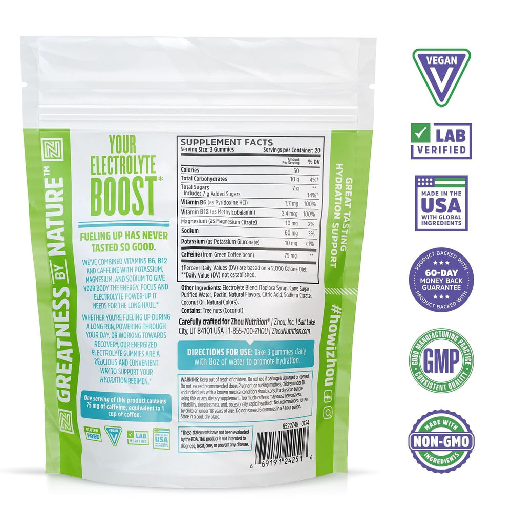 Zhou Hydro-Fuel+ Gummies vegan-friendly packaging indicating clean energy.