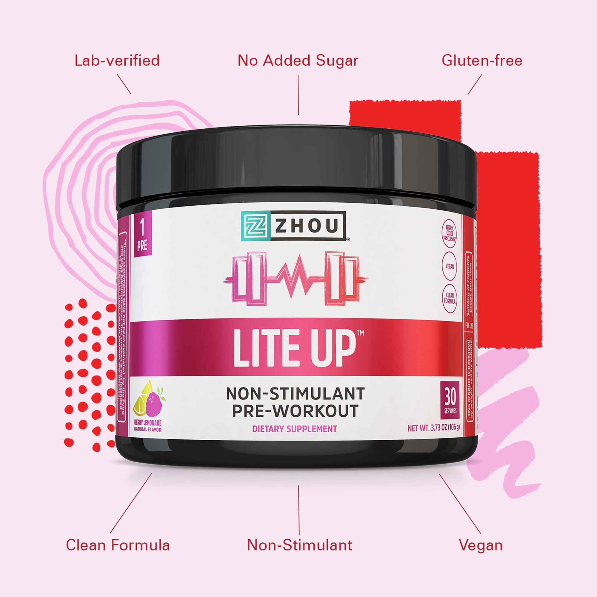 ZHOU Lite Up tub label highlights gluten-free vegan formula