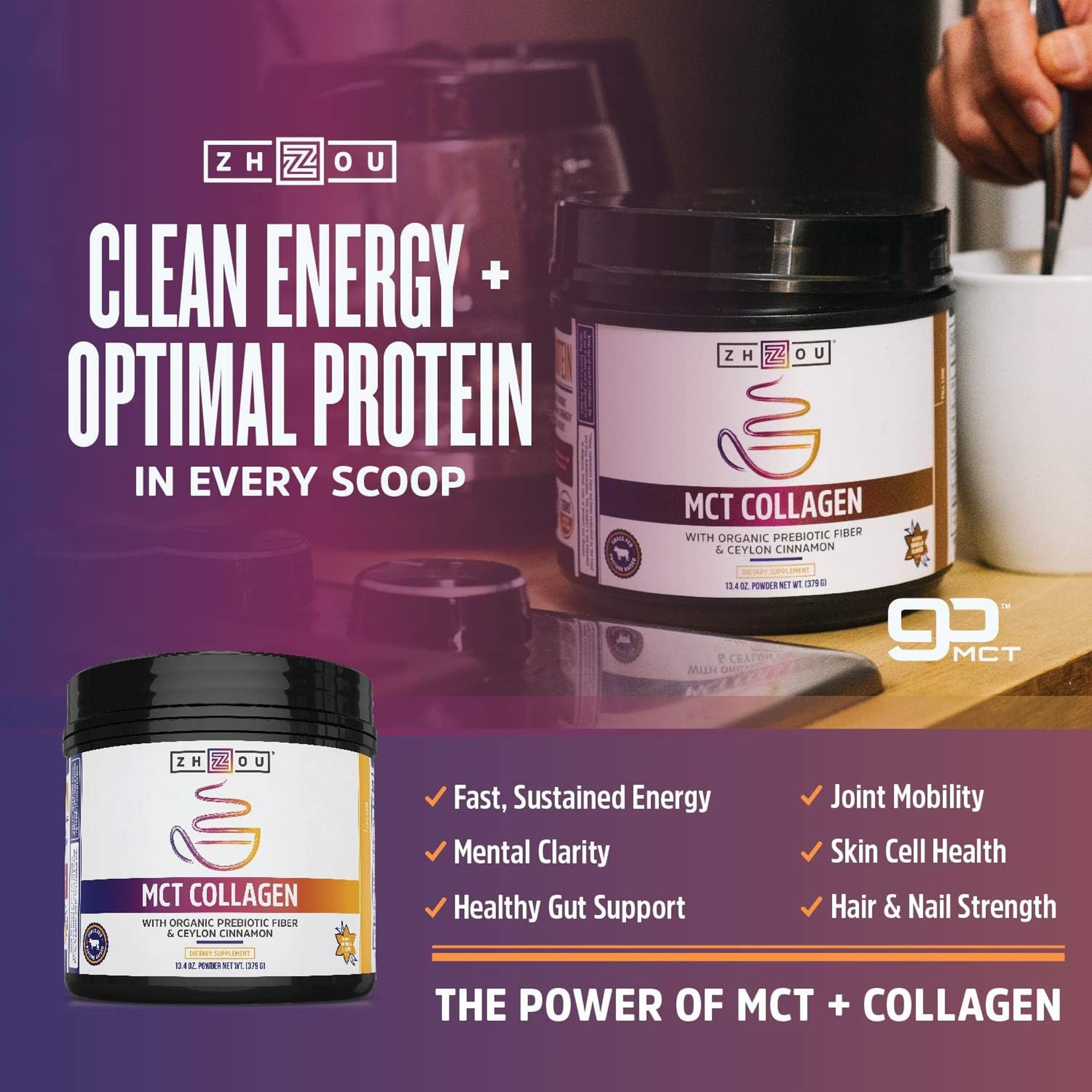 ZHOU MCT Collagen Vanilla ingredients label with prebiotic fiber and cinnamon