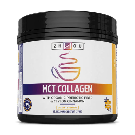 ZHOU MCT Collagen Vanilla tub front showing label and beauty support